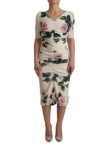 Dolce & Gabbana Basic White Roses Print Stretch Silk Pleated Women's Dress (view 1)
