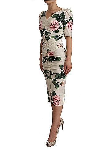 Dolce & Gabbana Basic White Roses Print Stretch Silk Pleated Women's Dress (view 2)