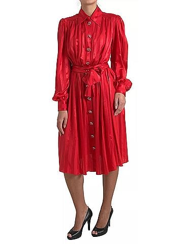 Dolce & Gabbana Basic Red Button Down Belted Midi Satin Silk Women's Dress (view 1)