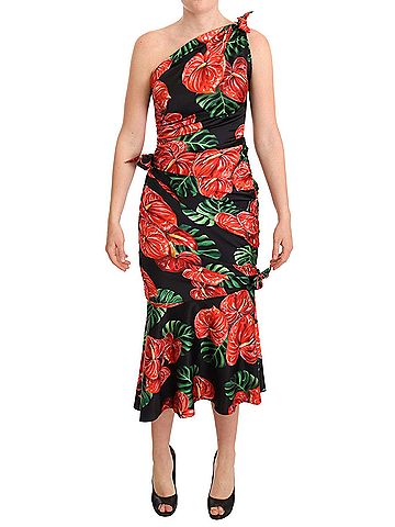 Dolce & Gabbana Basic Black Shiny Silk Floral Print Draped Women's Dress (view 1)