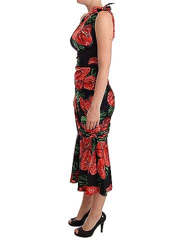 Dolce & Gabbana Basic Black Shiny Silk Floral Print Draped Women's Dress (view 2)