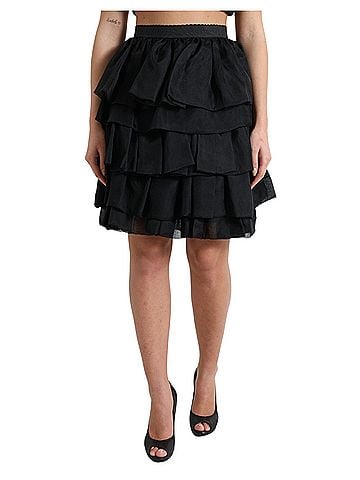 Dolce & Gabbana Basic Black Tiered Aline High Waist Silk Mini Women's Skirt (view 1)