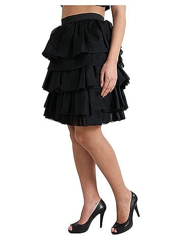 Dolce & Gabbana Basic Black Tiered Aline High Waist Silk Mini Women's Skirt (view 2)