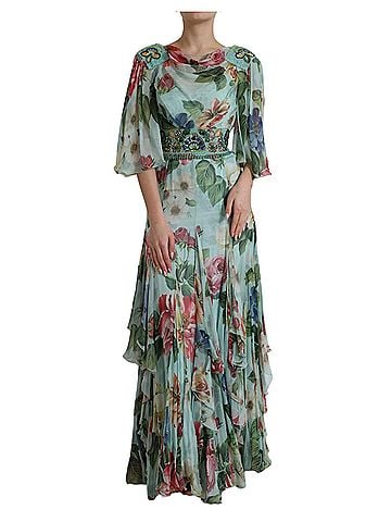 Dolce & Gabbana Basic Blue Floral Print Tiered Long Maxi Women's Dress (view 1)