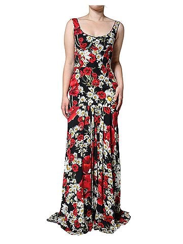 Dolce & Gabbana Basic Black Floral Silk Sleeveless Long Gown Women's Dress (view 1)