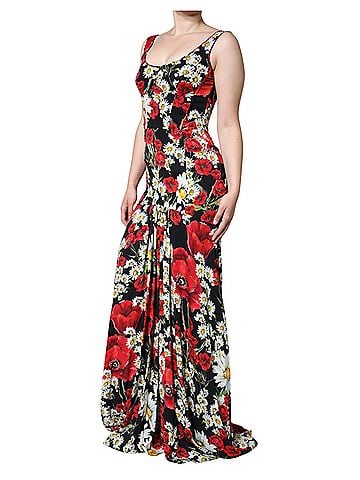 Dolce & Gabbana Basic Black Floral Silk Sleeveless Long Gown Women's Dress (view 2)
