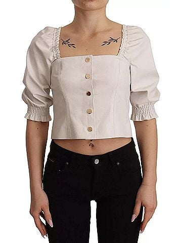 Pinko White Square Neck Button Down Crop Women's Blouse (view 1)
