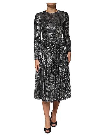 Dolce & Gabbana Basic Black Sequined Long Sleeves Midi A-line  Women's Dress (view 1)