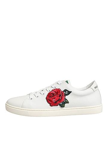 Dolce & Gabbana Basic White Leather Rose Embroidery Low-Top  Women's Shoes (view 2)