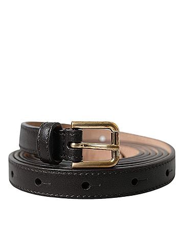 Dolce & Gabbana Basic Black Leather Long Skinny Gold Metal Buckle Women's Belt (view 1)