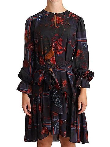 Ballantyne A-line Navy Blue Floral Silk Long Sleeve Knee Length Women's Dress (view 1)