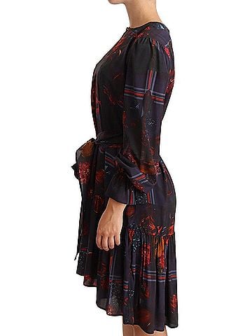 Ballantyne A-line Navy Blue Floral Silk Long Sleeve Knee Length Women's Dress (view 2)