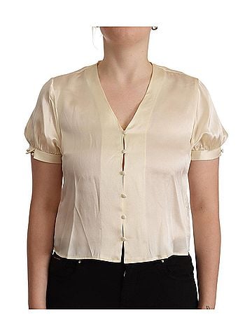L'autre Chose Blouse Off White Silk Short Sleeves V-neck Women's Top (view 1)