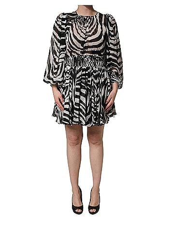 MSGM Black White Zebra Puff Sleeves Mini Women's Dress (view 1)