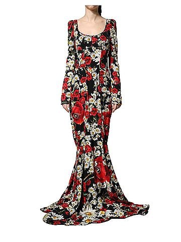 Dolce & Gabbana Basic Black Floral Silk Long Sleeves Gown Women's Dress (view 1)