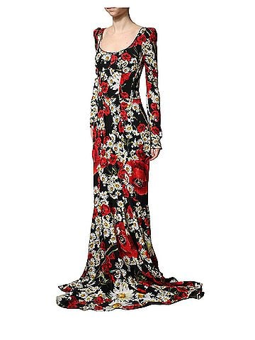 Dolce & Gabbana Basic Black Floral Silk Long Sleeves Gown Women's Dress (view 2)