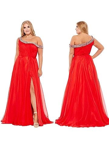 Mac Duggal Mac Duggal Plus Size Beaded Drop Shoulder Pleated Flowy Gown  Cocktail Dress (view 1)