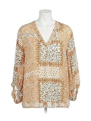Entro Mixed Print Bubble Sleeve Blouse - Plus in Beige (view 1)