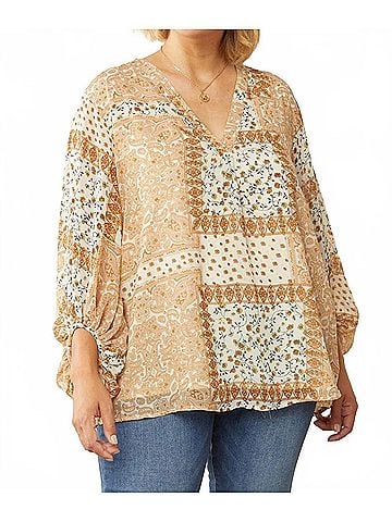 Entro Mixed Print Bubble Sleeve Blouse - Plus in Beige (view 2)