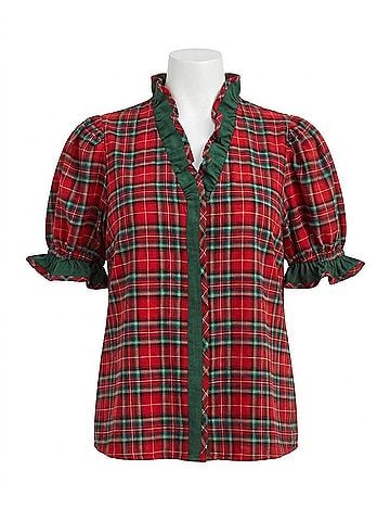 Entro Plaid Puff Sleeve Top - Plus in Red (view 1)