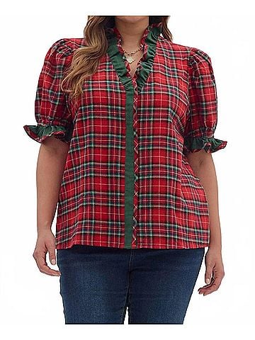 Entro Plaid Puff Sleeve Top - Plus in Red (view 2)