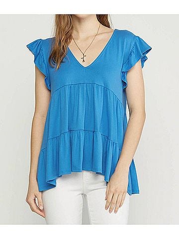Entro Tiered Ruffle Babydoll Top in French Blue (view 2)