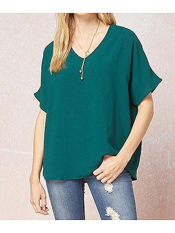 Entro Solid V-Neck Top in Hunter Green (view 2)