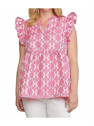 Entro Floral Jacquard Ruffle Top in Pink (view 2)
