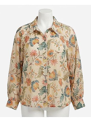 Entro Floral Print Long Sleeve Button-Down Top in Ivory (view 1)