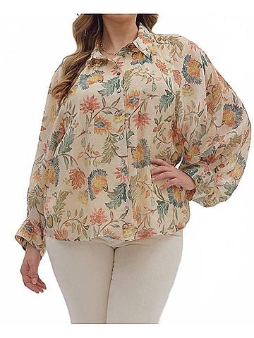 Entro Floral Print Long Sleeve Button-Down Top in Ivory (view 2)
