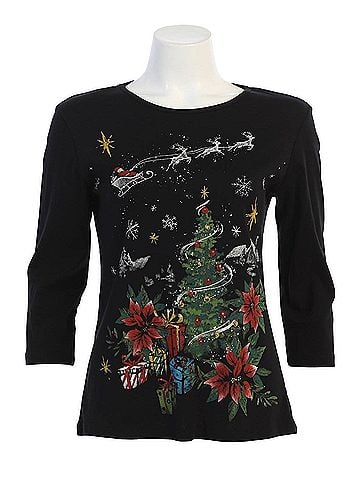 Jess & Jane Women's Dear Santa Printed Cotton Top in Black (view 1)