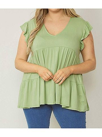 Entro Tiered Ruffle Babydoll Top in Sage (view 2)