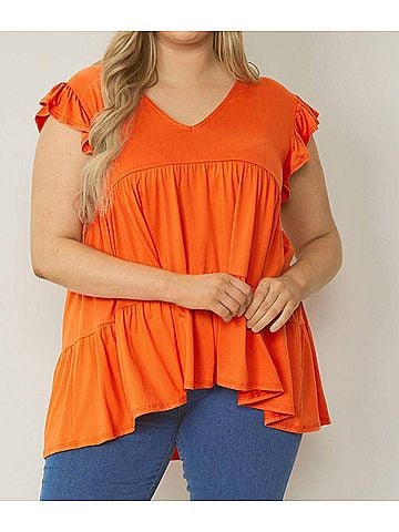 Entro Tiered Ruffle Babydoll Top in Orange (view 2)