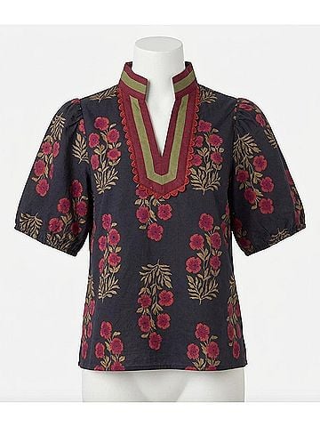 Entro Floral Print Bubble Sleeve Top in Black Floral (view 1)
