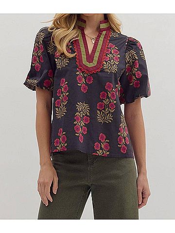 Entro Floral Print Bubble Sleeve Top in Black Floral (view 2)