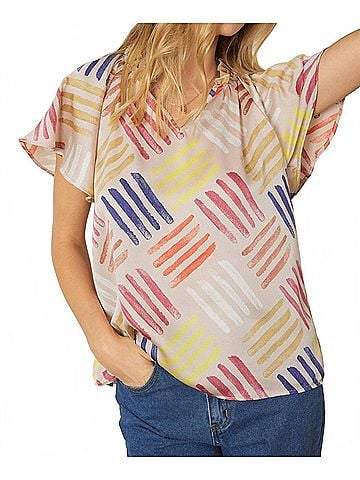 Entro V-Neck Flutter Sleeve Blouse in Latte (view 2)