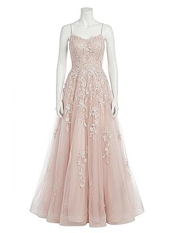 Jovani Spaghetti Strap Embroidered Prom Gown in Blush (view 1)