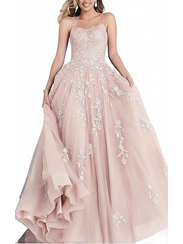 Jovani Spaghetti Strap Embroidered Prom Gown in Blush (view 2)
