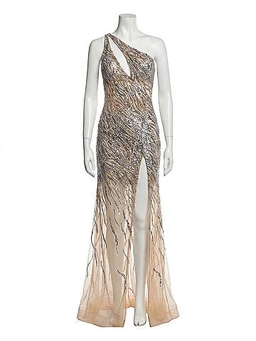 Jovani One Shoulder Sequin Prom Dress in Nude/Silver (view 1)