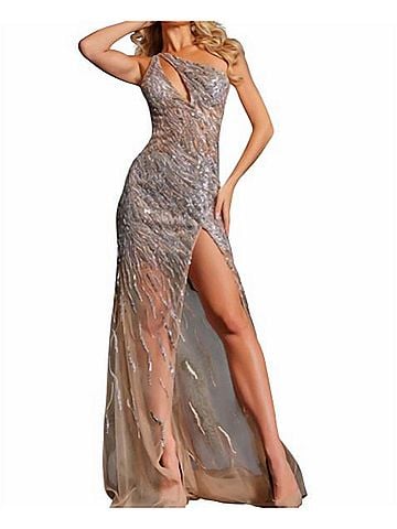 Jovani One Shoulder Sequin Prom Dress in Nude/Silver (view 2)