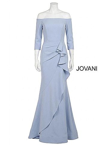 Jovani Three Quarter Sleeve Off The Shoulder Evening Dress in Light Blue (view 1)
