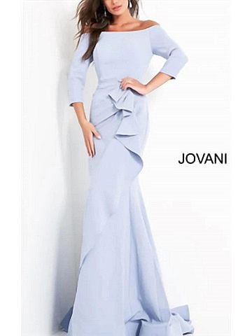 Jovani Three Quarter Sleeve Off The Shoulder Evening Dress in Light Blue (view 2)