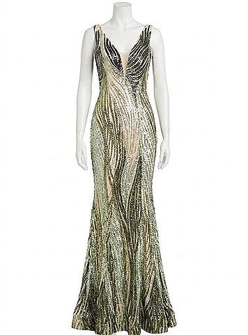 Jovani Long Fitted Sequin Mermaid Prom Dress in Green (view 1)