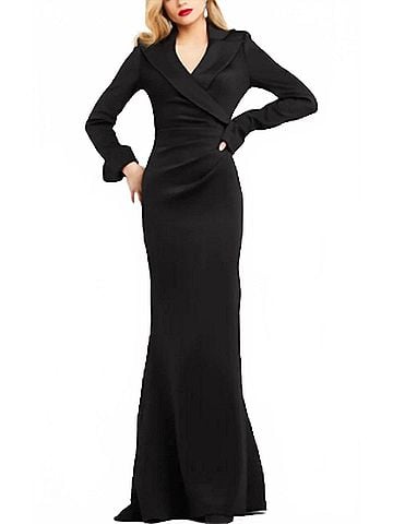 Jovani Long Sleeve V Neck Evening Dress in Black (view 2)