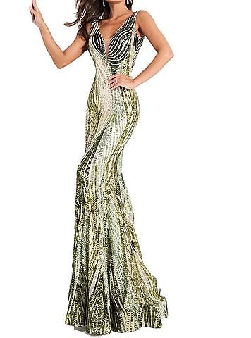Jovani Long Fitted Sequin Mermaid Prom Dress in Green (view 2)