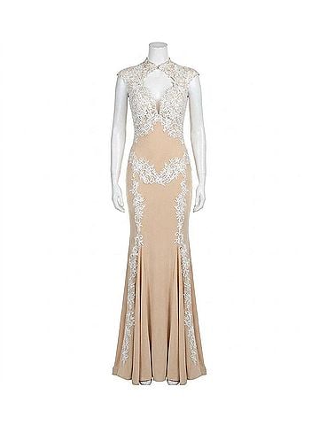 Jovani Mermaid Fit Long Prom Gown in Nude/White (view 1)