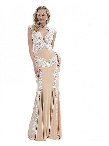 Jovani Mermaid Fit Long Prom Gown in Nude/White (view 2)