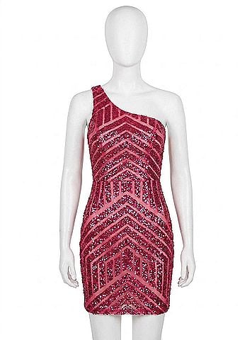 Jovani One Shoulder Sequin Homecoming Dress in Fuchsia (view 1)