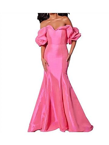 Jovani Off The Shoulder Ruffled Sleeves Mermaid Gown in Pink (view 2)