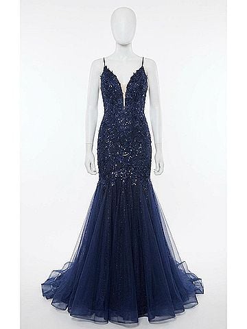 Jovani Mermaid Plunging Neckline Gown in Navy (view 1)